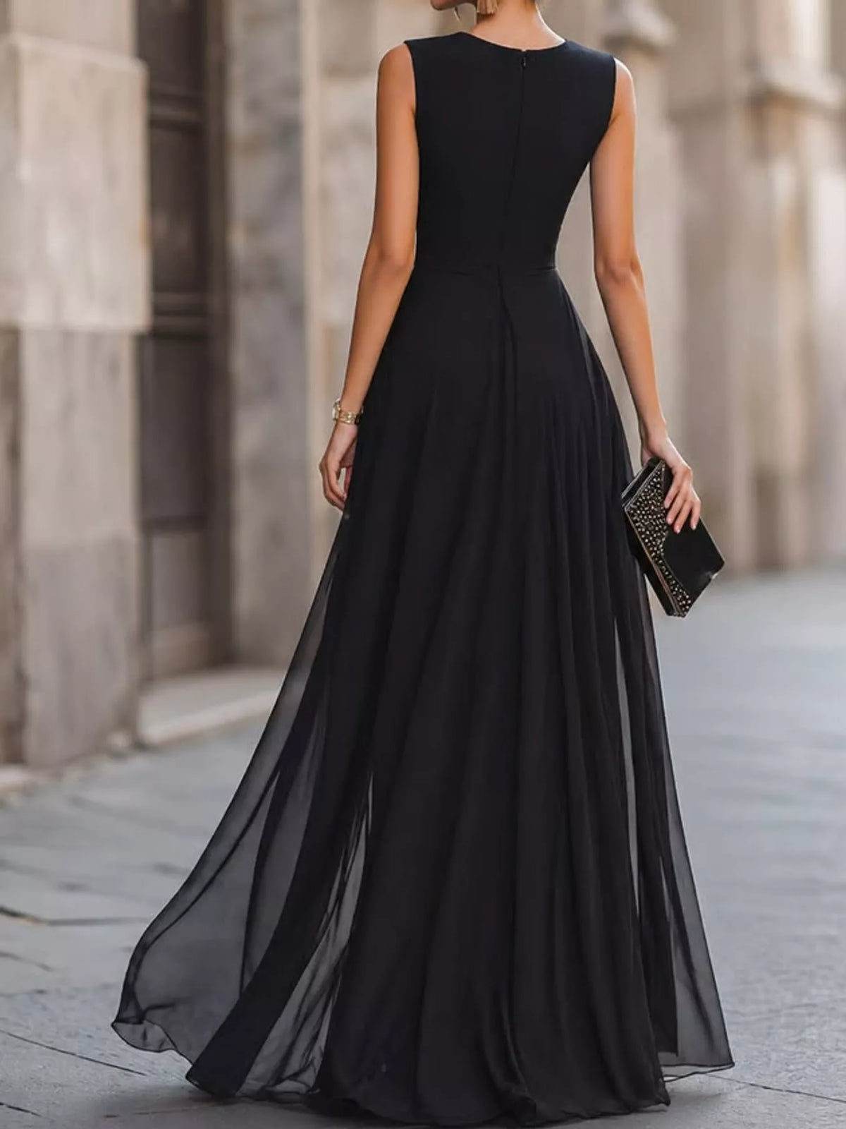 Black sleeveless high-slit evening maxi dress