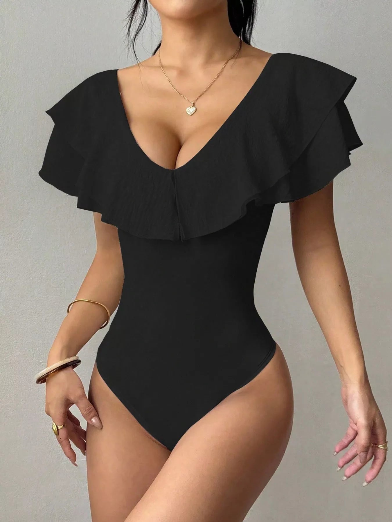 Trendsi Ruffle Trim V-Neck Bodysuit -