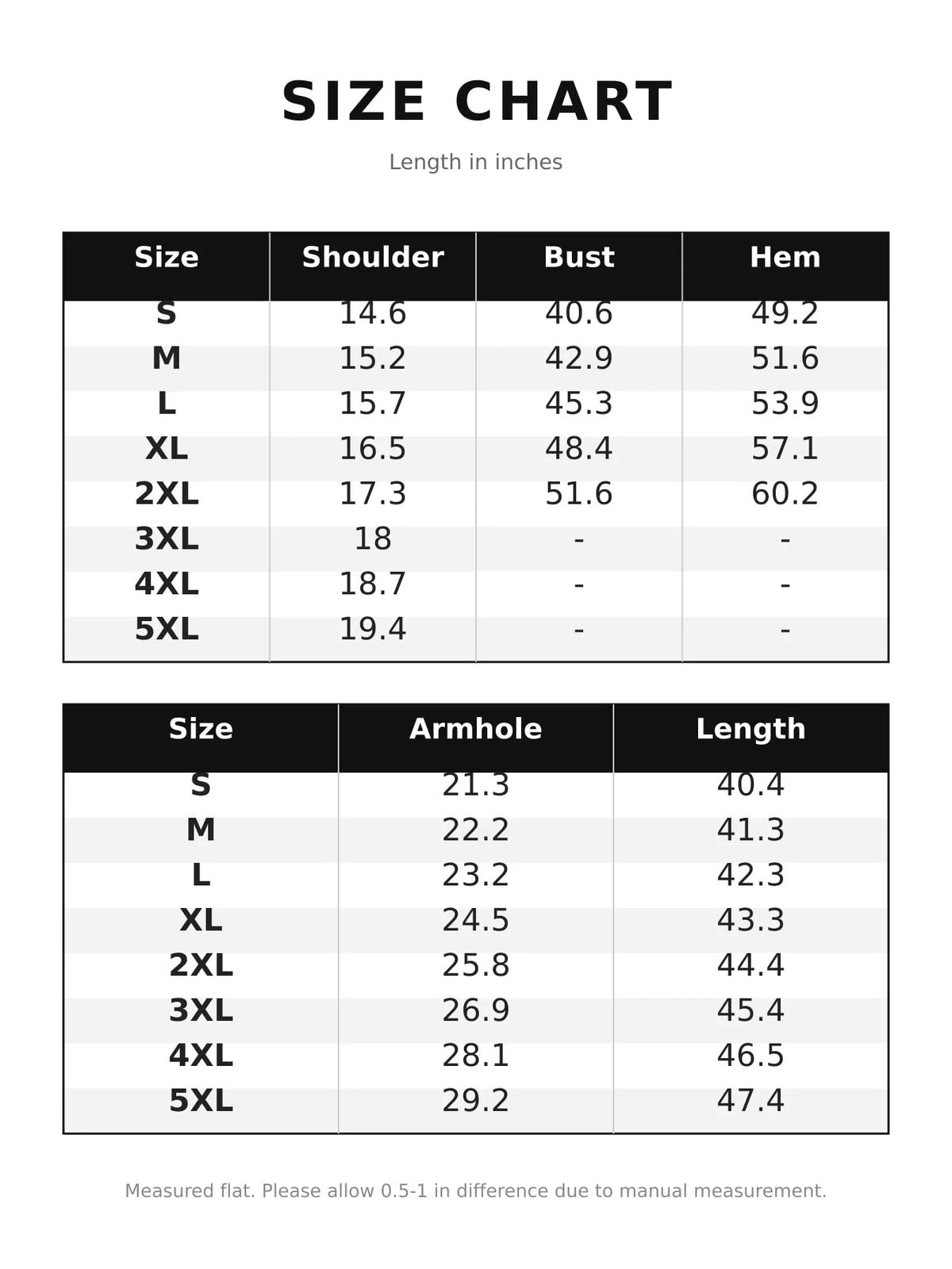 Size and measurement chart for sleeveless vest