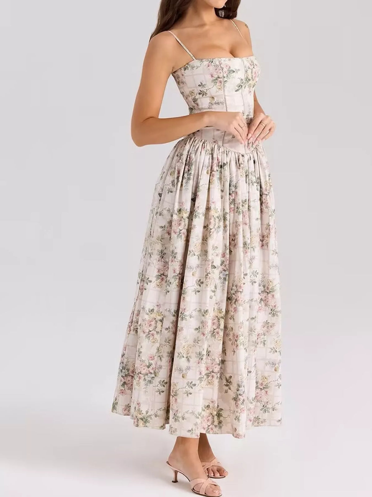 Women's Paneled Bodice Gathered Midi Dress in gray floral — front view