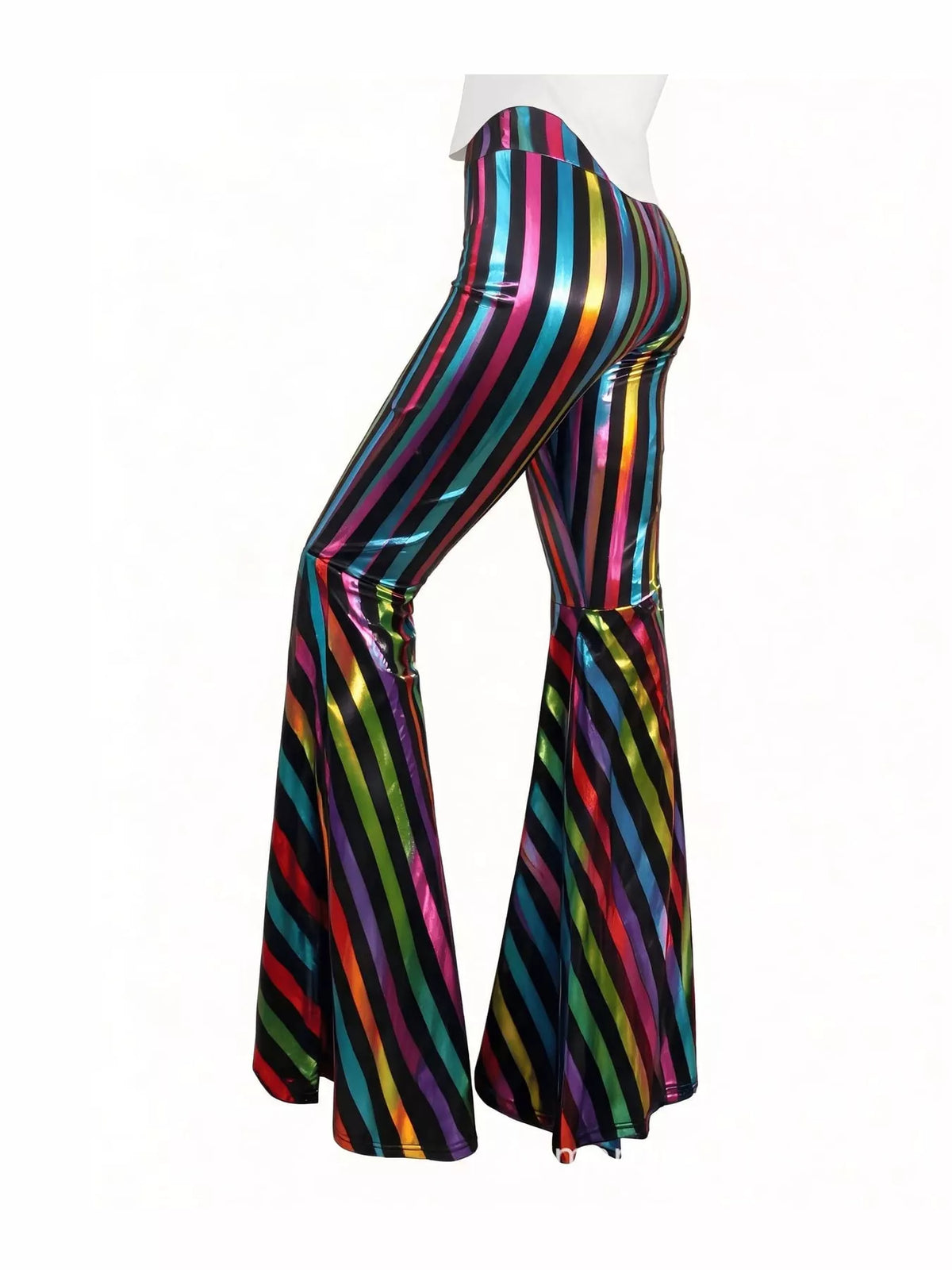 Rainbow striped high-waisted flare pants — back view