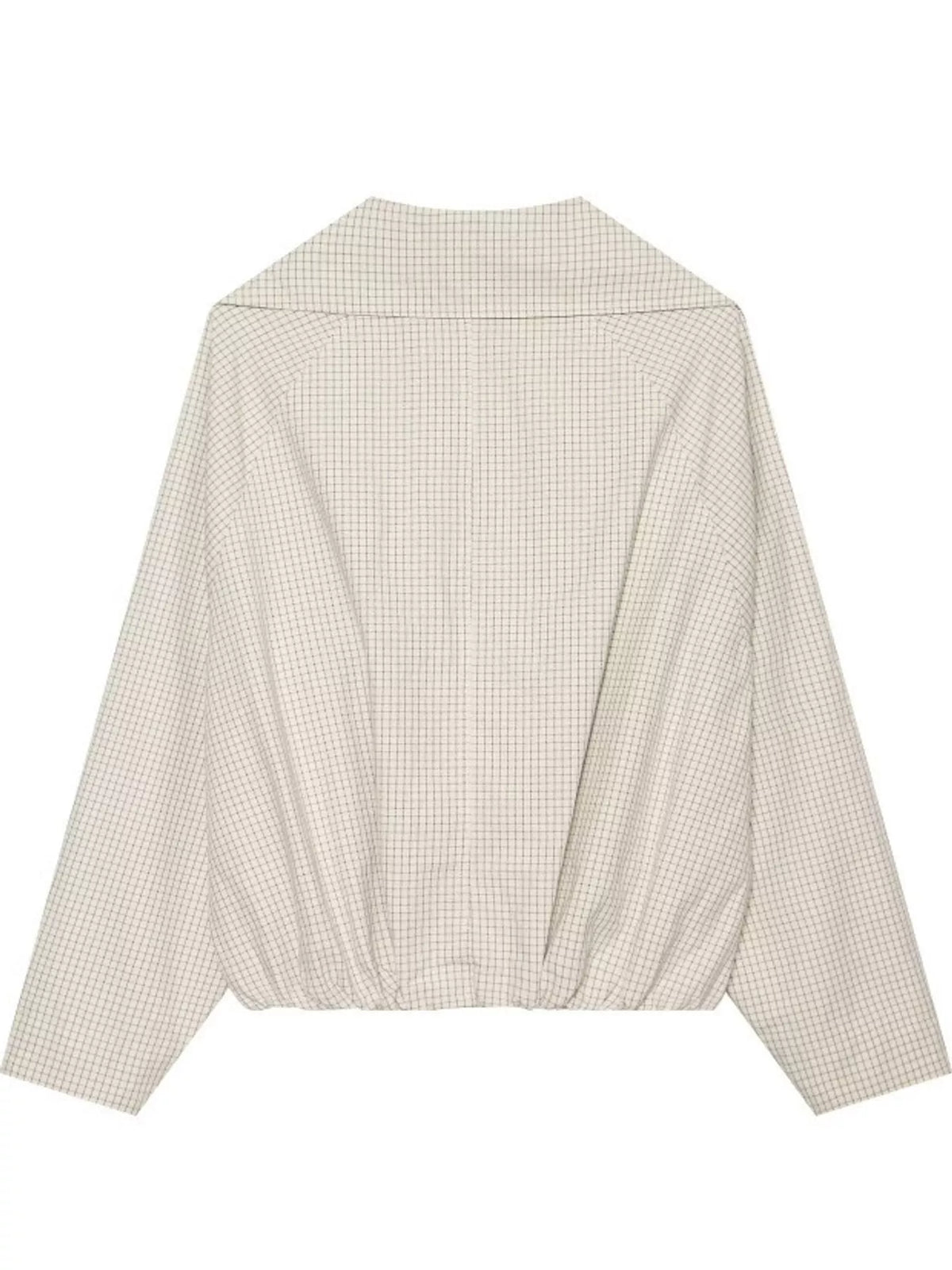 Cream check plaid double-breasted cropped jacket — back view