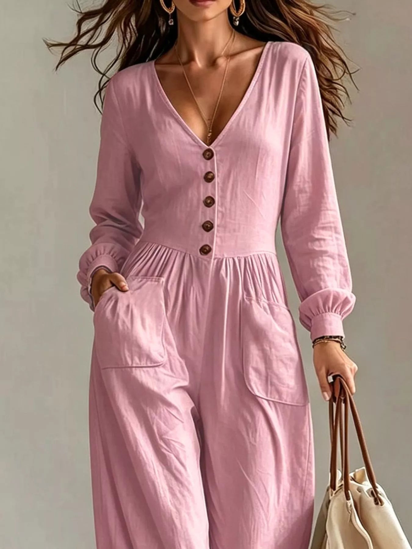 Trendsi V-Neck Long Sleeve Button-Down Wide Leg Jumpsuit -