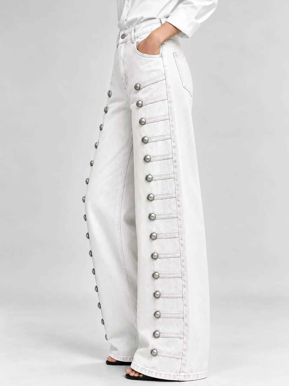 Decorative Button Wide-Leg Jeans in white, side view