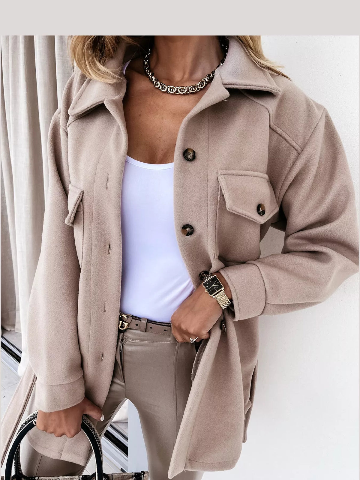 Belted Button-Down Shirt Jacket — front view