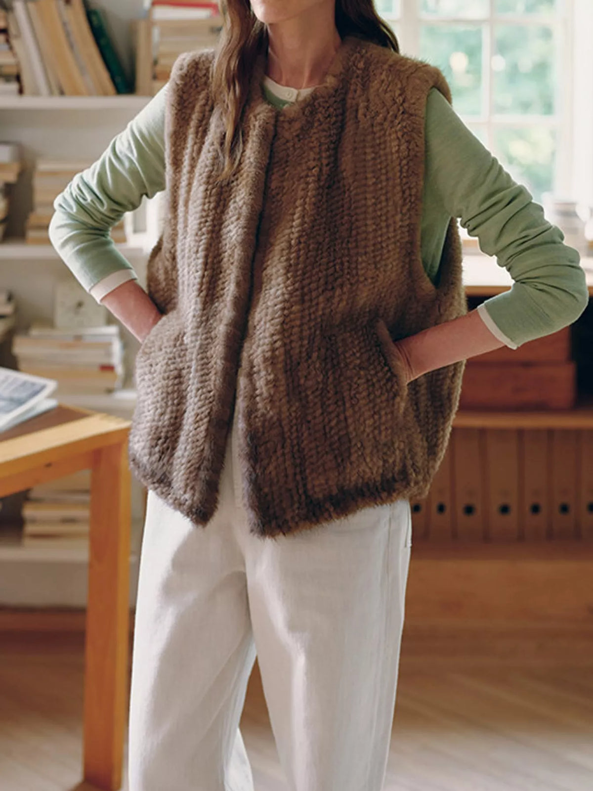 vest, front view on model