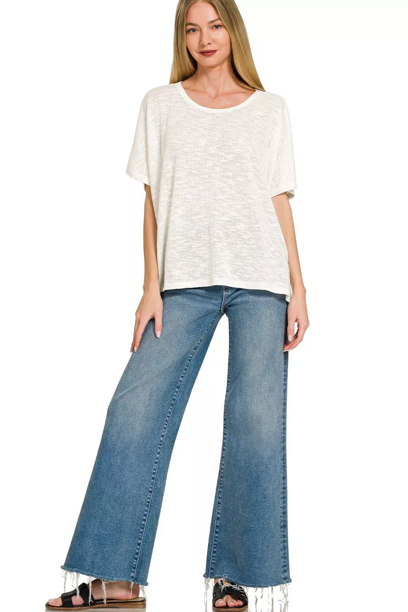Women's oversized Hacci slub short-sleeve top with draped hem - product view 3