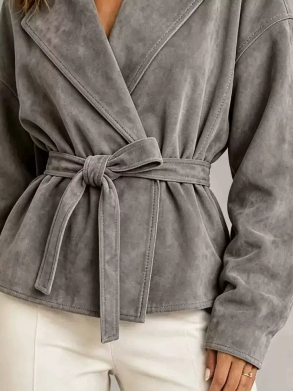 Gray tie-waist lapel collar jacket, tie belt and cuff