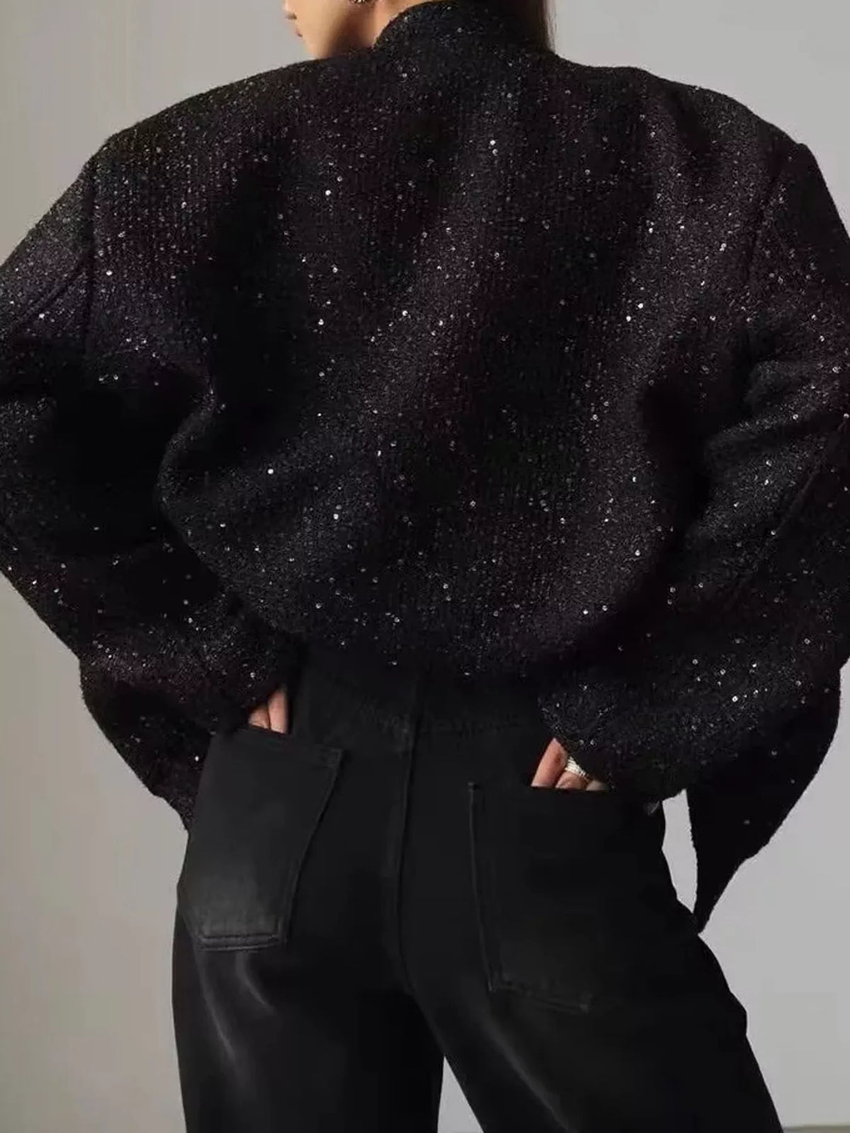 Black tweed bomber jacket with front pockets