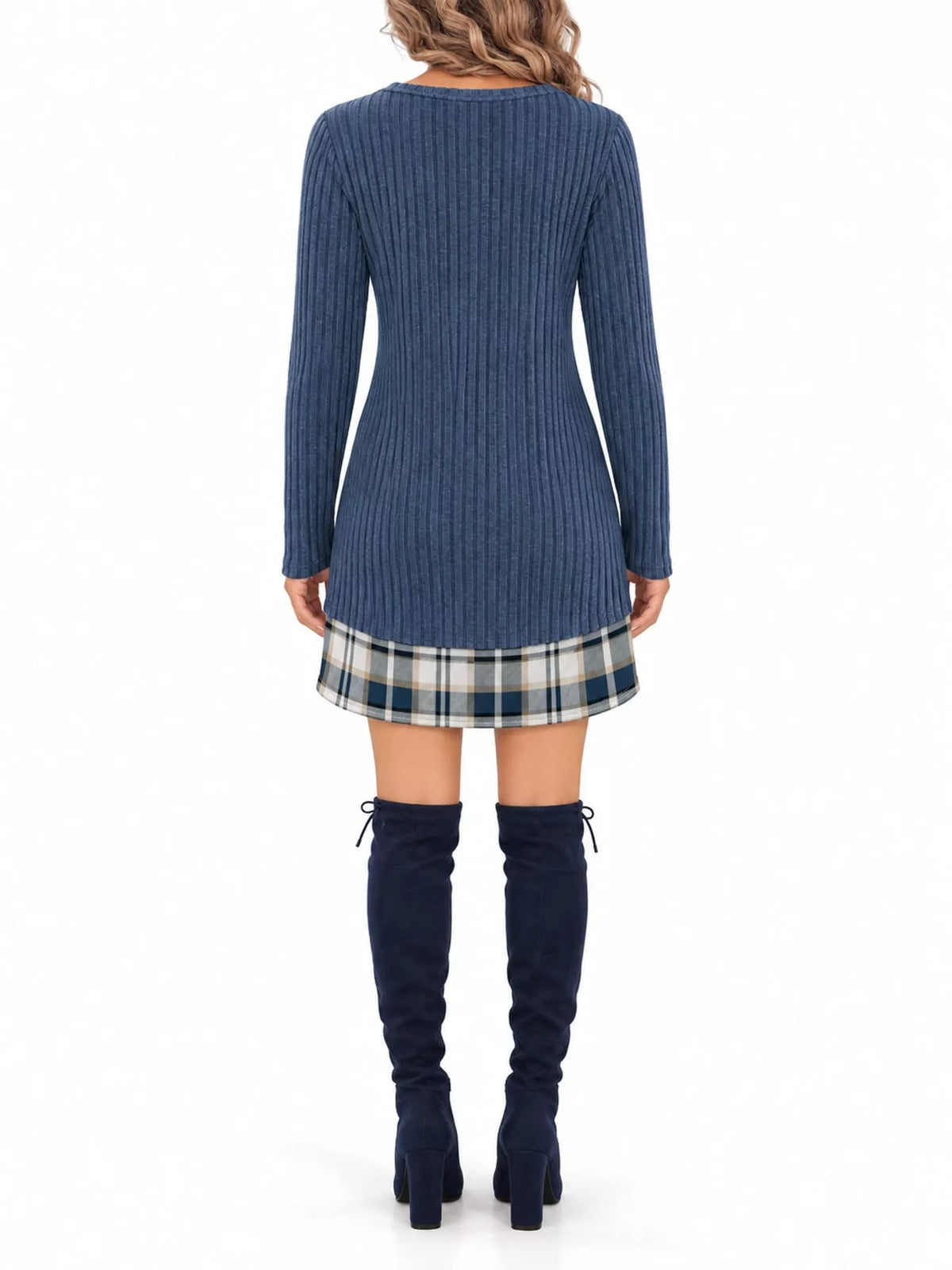Round neck long sleeve mini dress, back view
