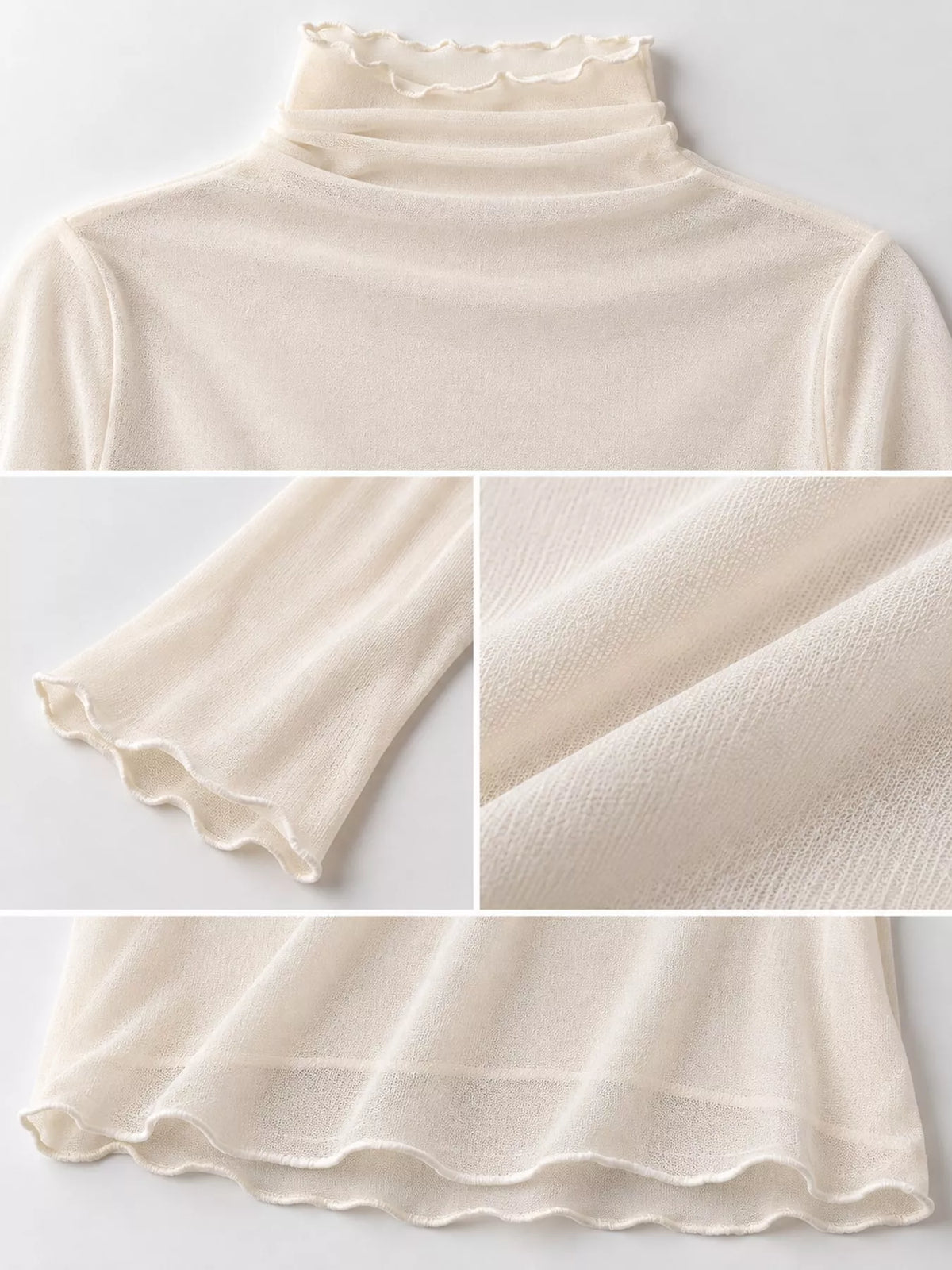 Cream sheer turtleneck mesh t-shirt, lettuce-trim neckline, cuff, hem, and sheer fabric close-ups