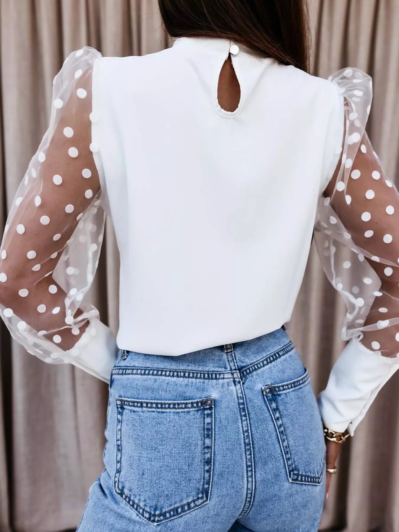 Trendsi Sheer Polka Dot Sleeve Top -
