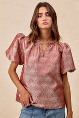 Trendsi BiBi Jacquard Woven Short Balloon Sleeves V Neck Top -