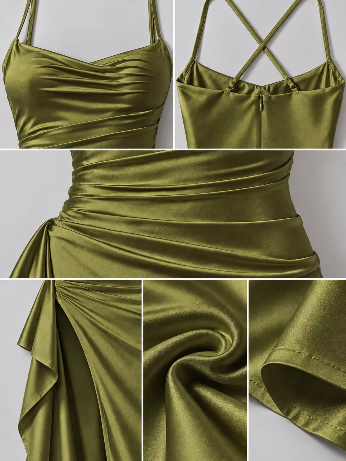 Olive satin ruched high slit maxi dress, detail view