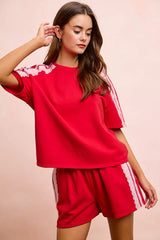 Trendsi BiBi French Terry Side Lace Detail Short Sleeves Top -
