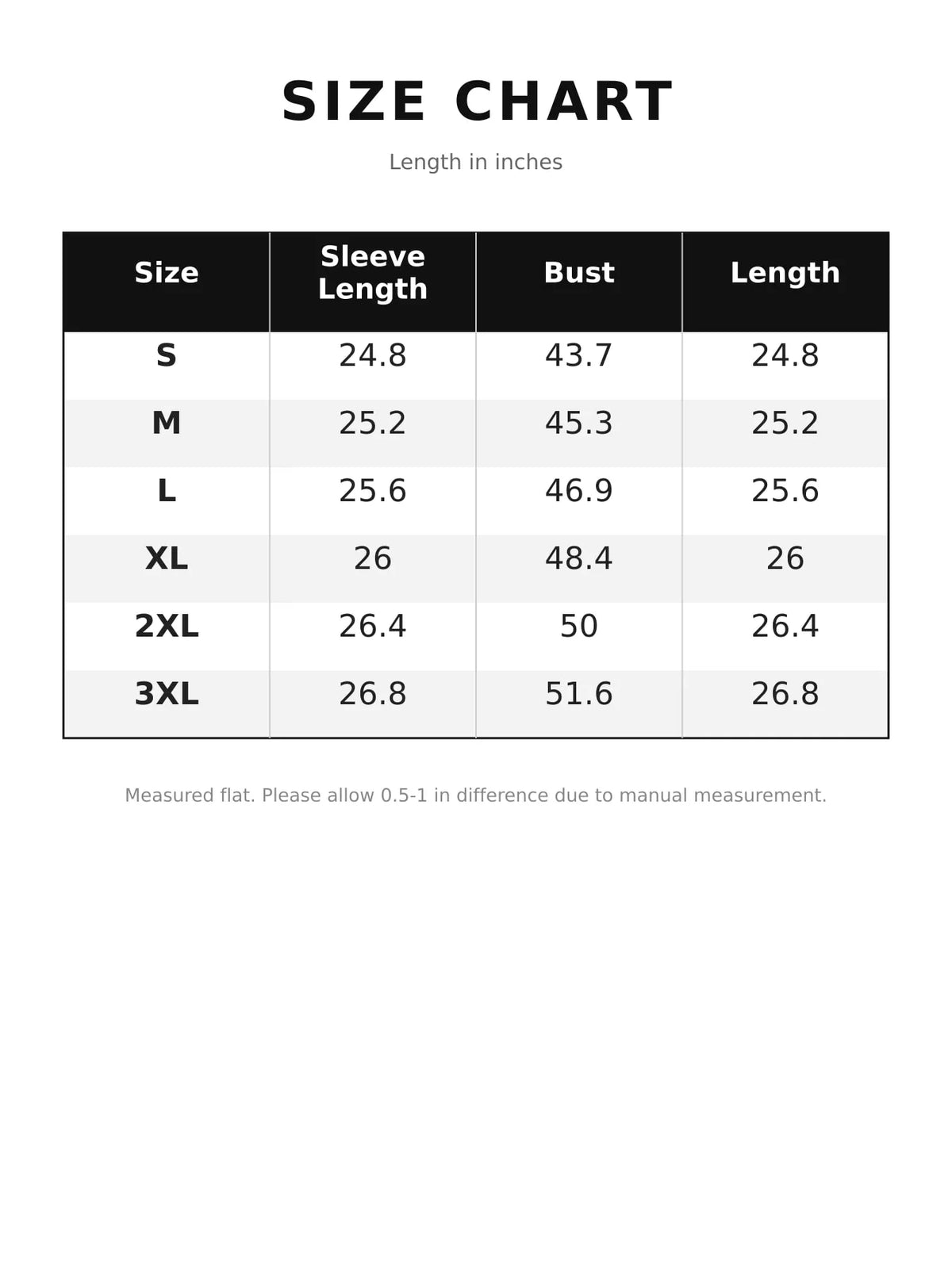 Collared long sleeve blazer, size and measurement chart