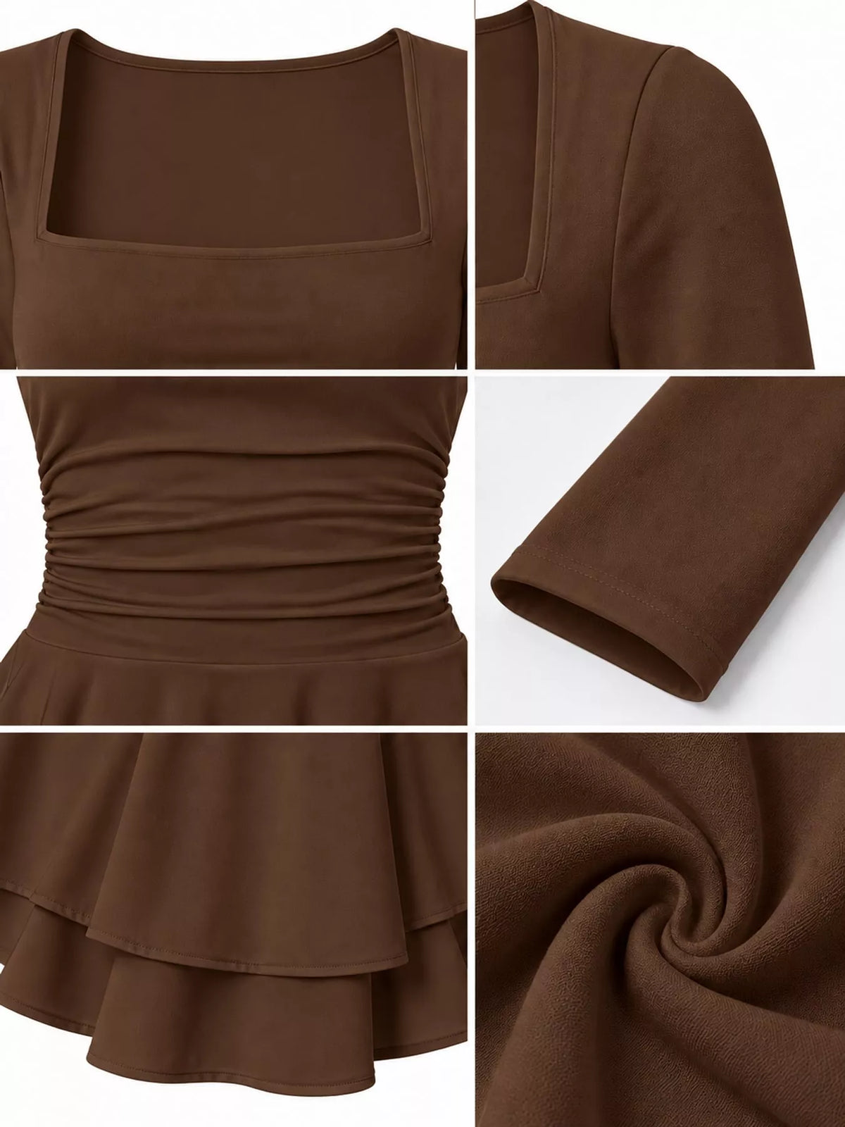Square neck long sleeve mini dress, construction and design details