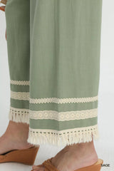 Trendsi Umgee Lace Trim Fringe Hem Wide Leg Pants -