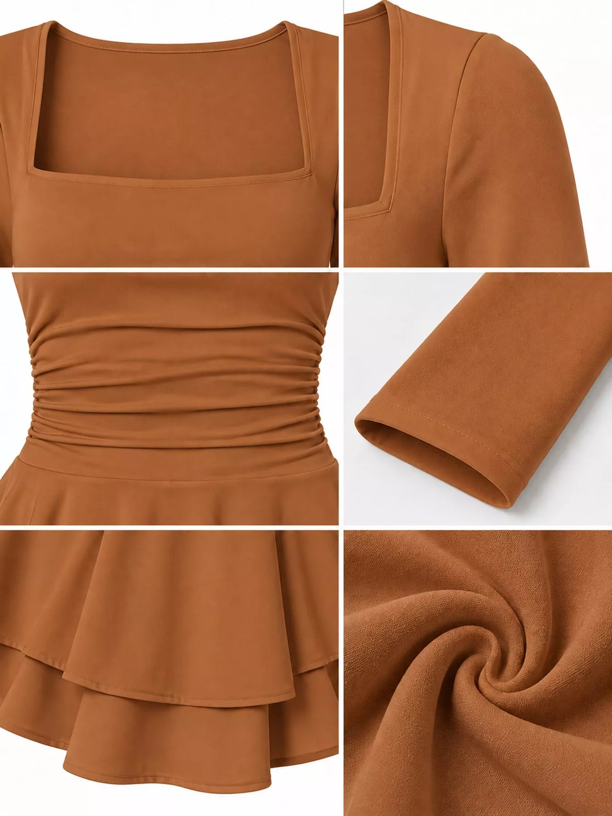 Square neck long sleeve mini dress, construction and design details