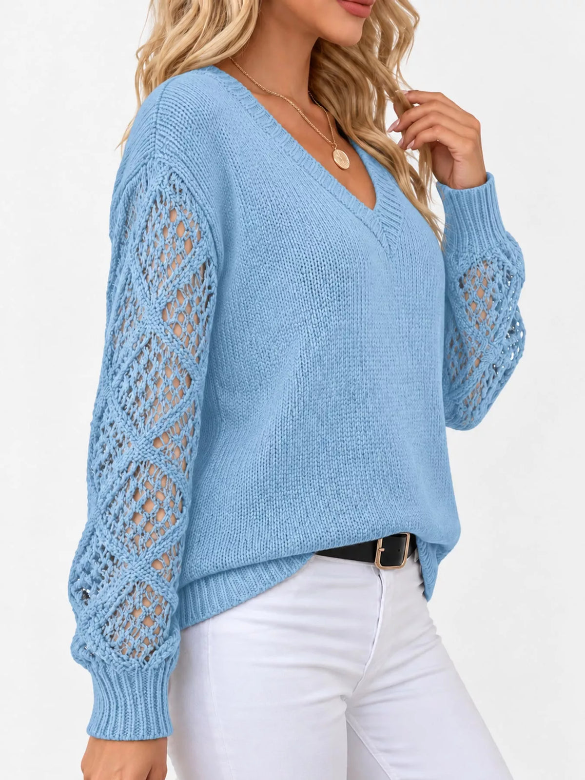 Light blue v neck openwork long sleeve sweater, side view