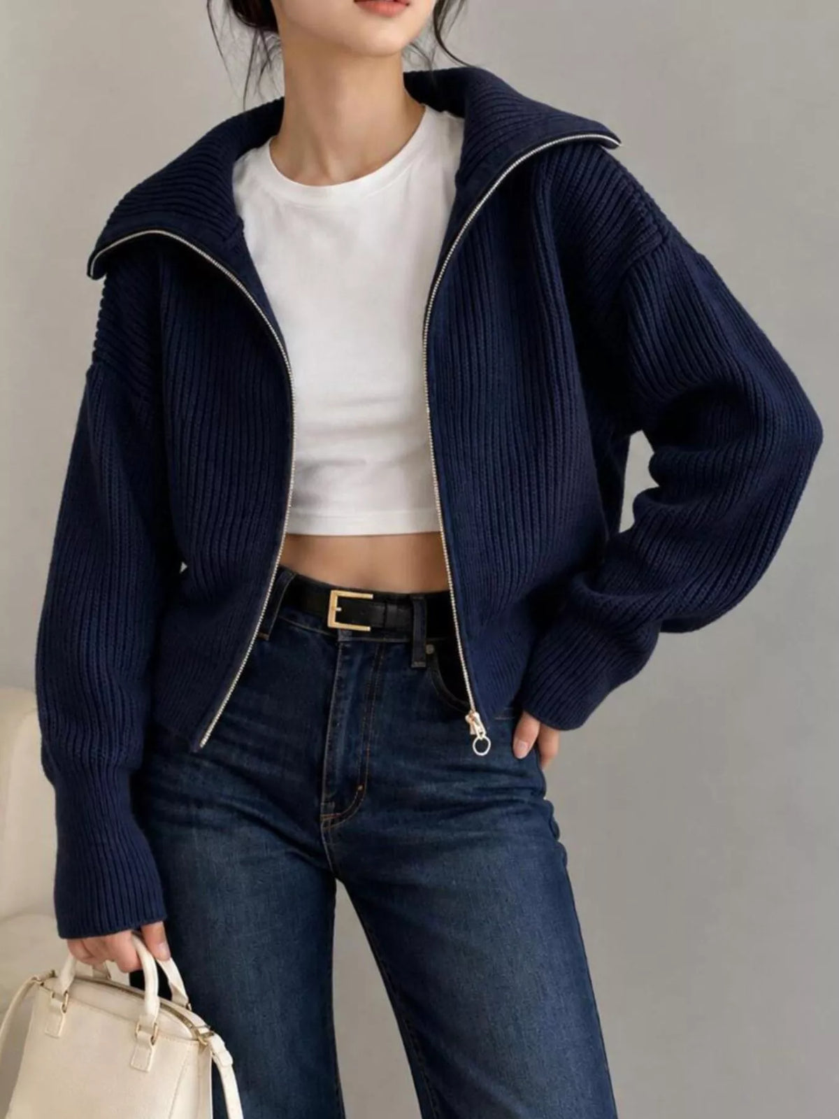 Trendsi Zip Up Dropped Shoulder Cardigan -
