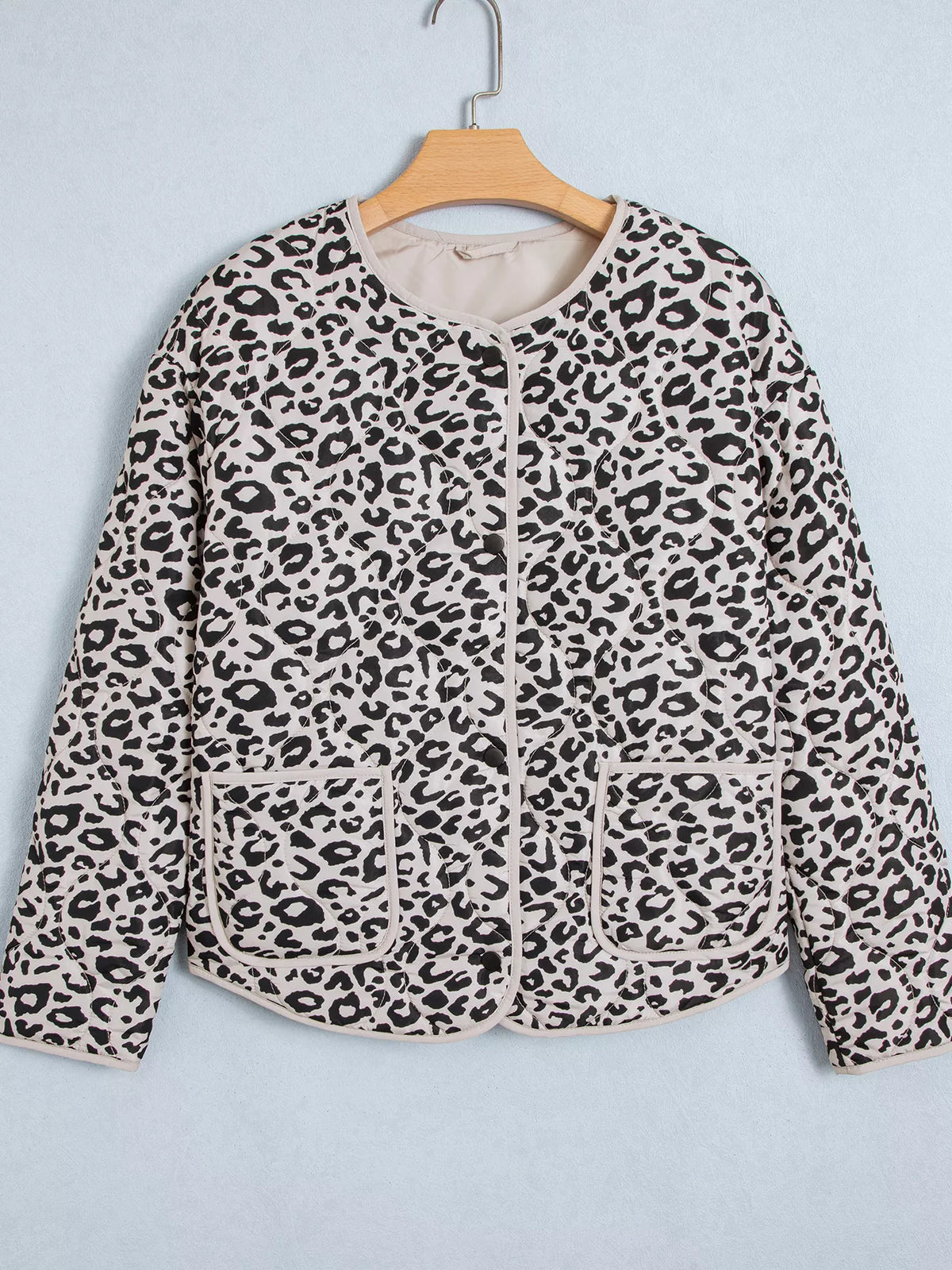 Black and white leopard leopard print long sleeve patch pocket jacket — front view