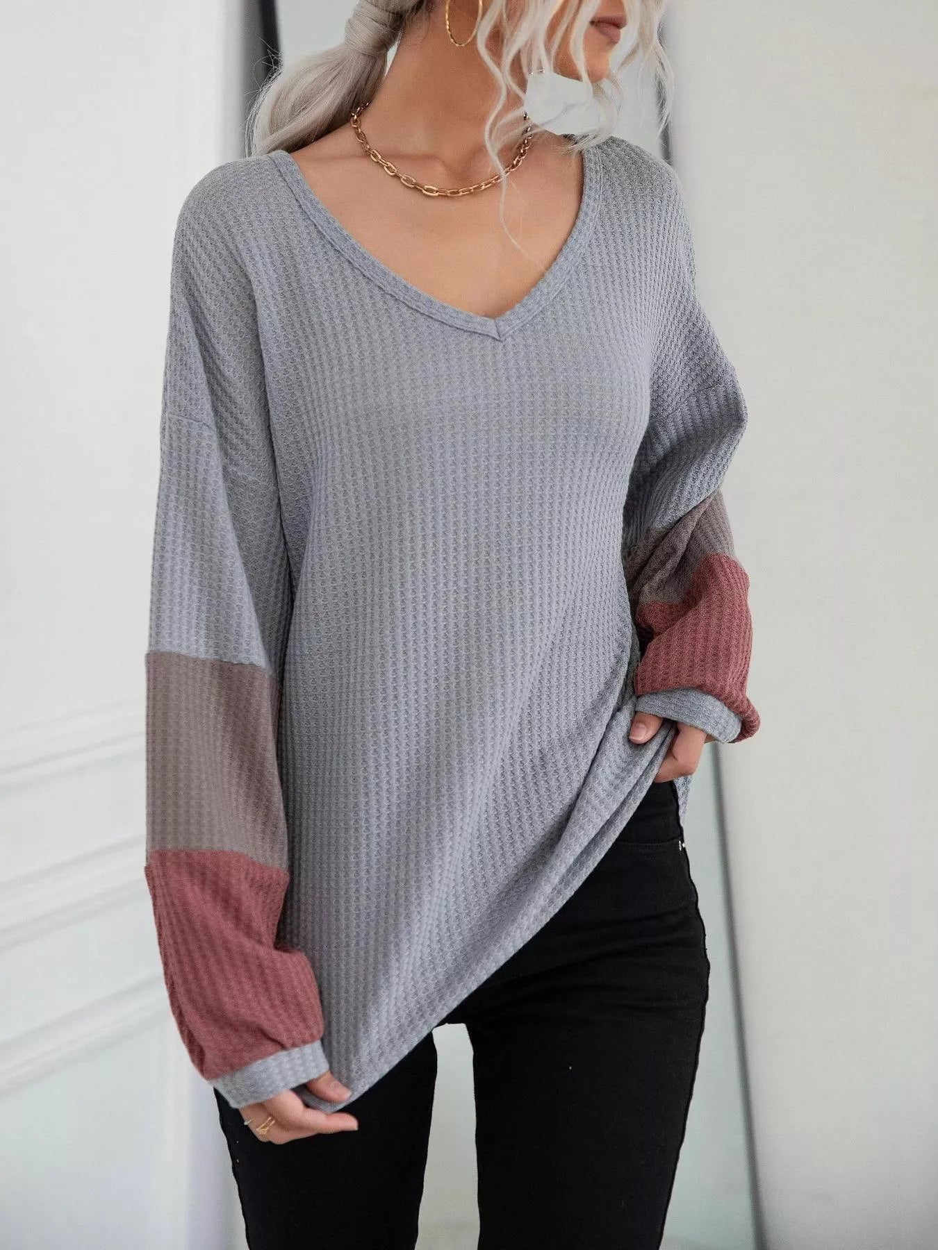 Trendsi V-Neck Waffle Knit Long Sleeve T-Shirt -
