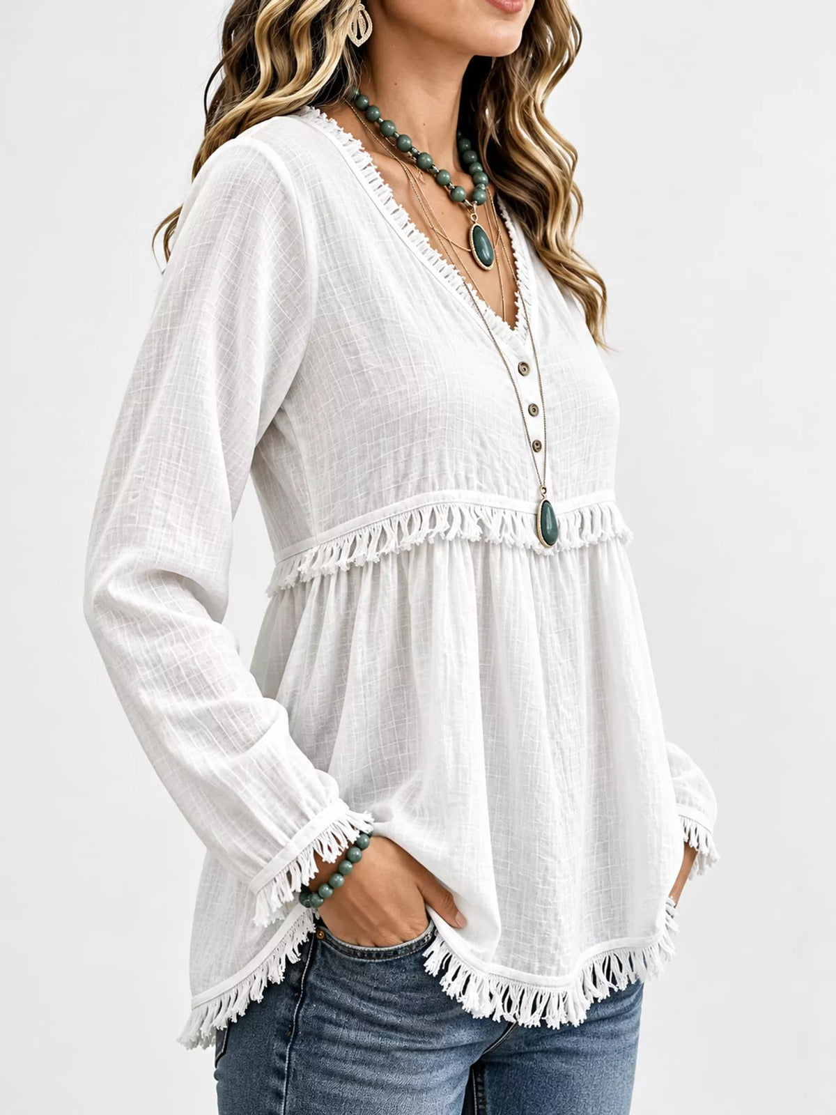 Fringe-trim blouse, white side