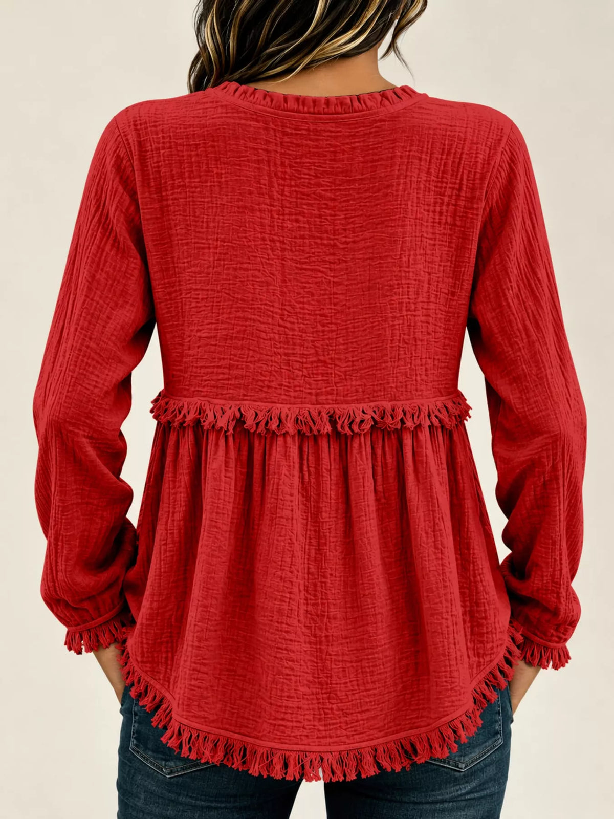 Frayed-hem blouse, red back