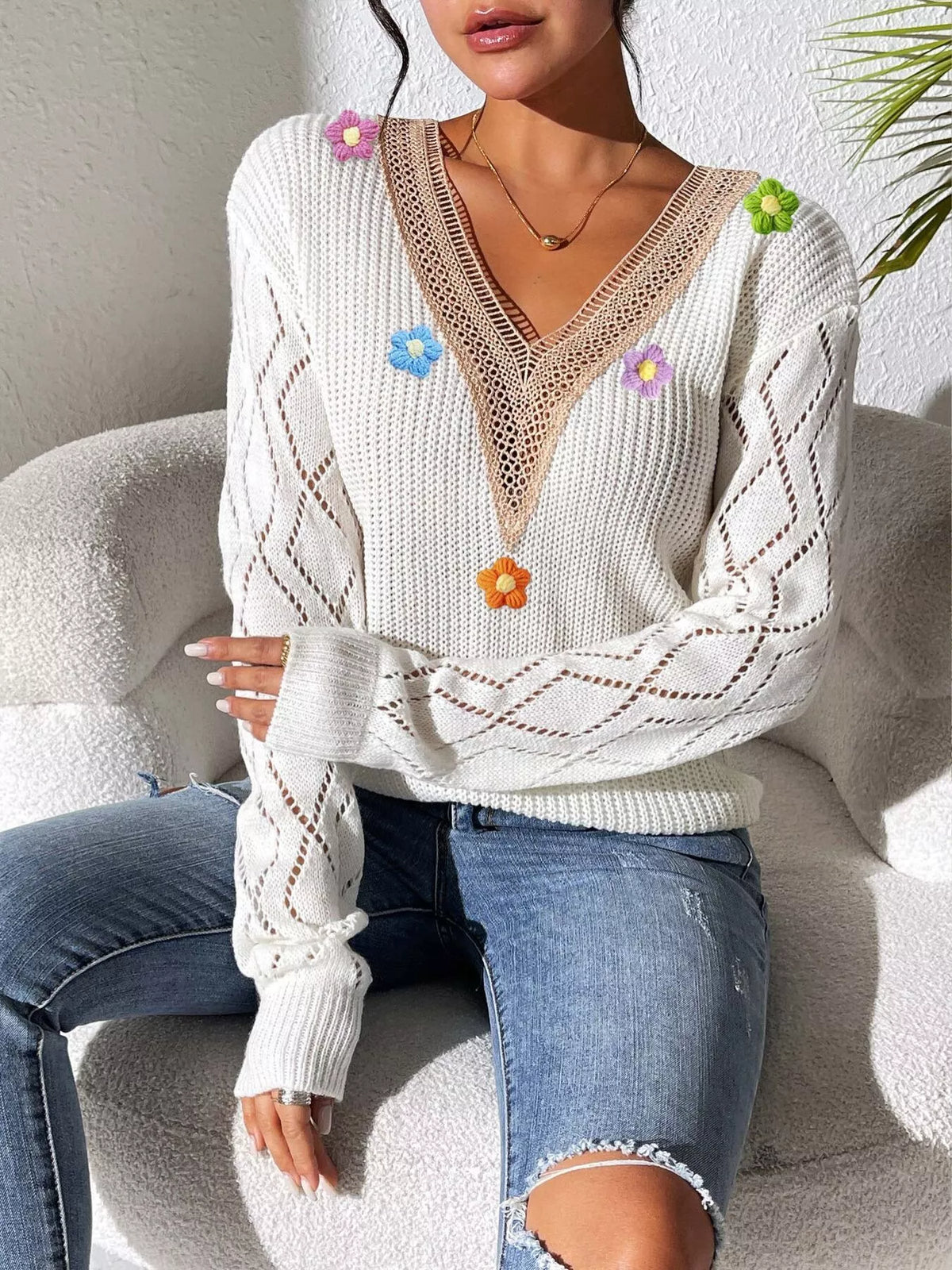 White Floral Applique V-Neck Openwork Sweater seated view