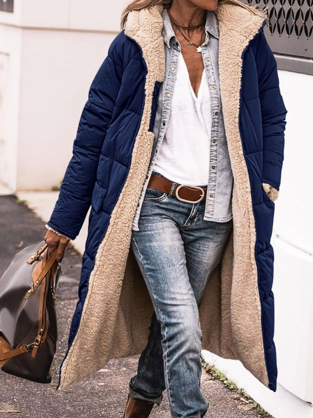 Navy longline sherpa-lined hooded puffer coat
