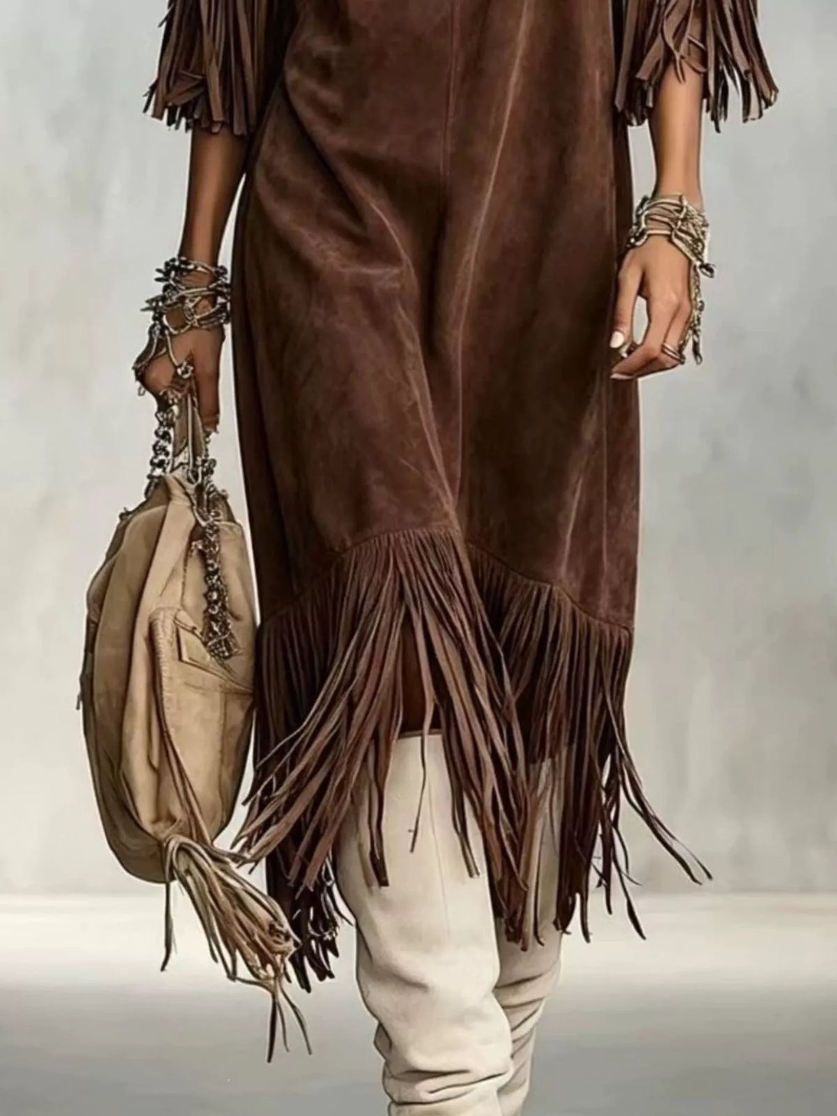 Brown fringed asymmetric-hem midi dress, fringed hem detail
