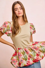 Trendsi BiBi Floral Printed Bubble Sleeves and Hem Peplum Top -