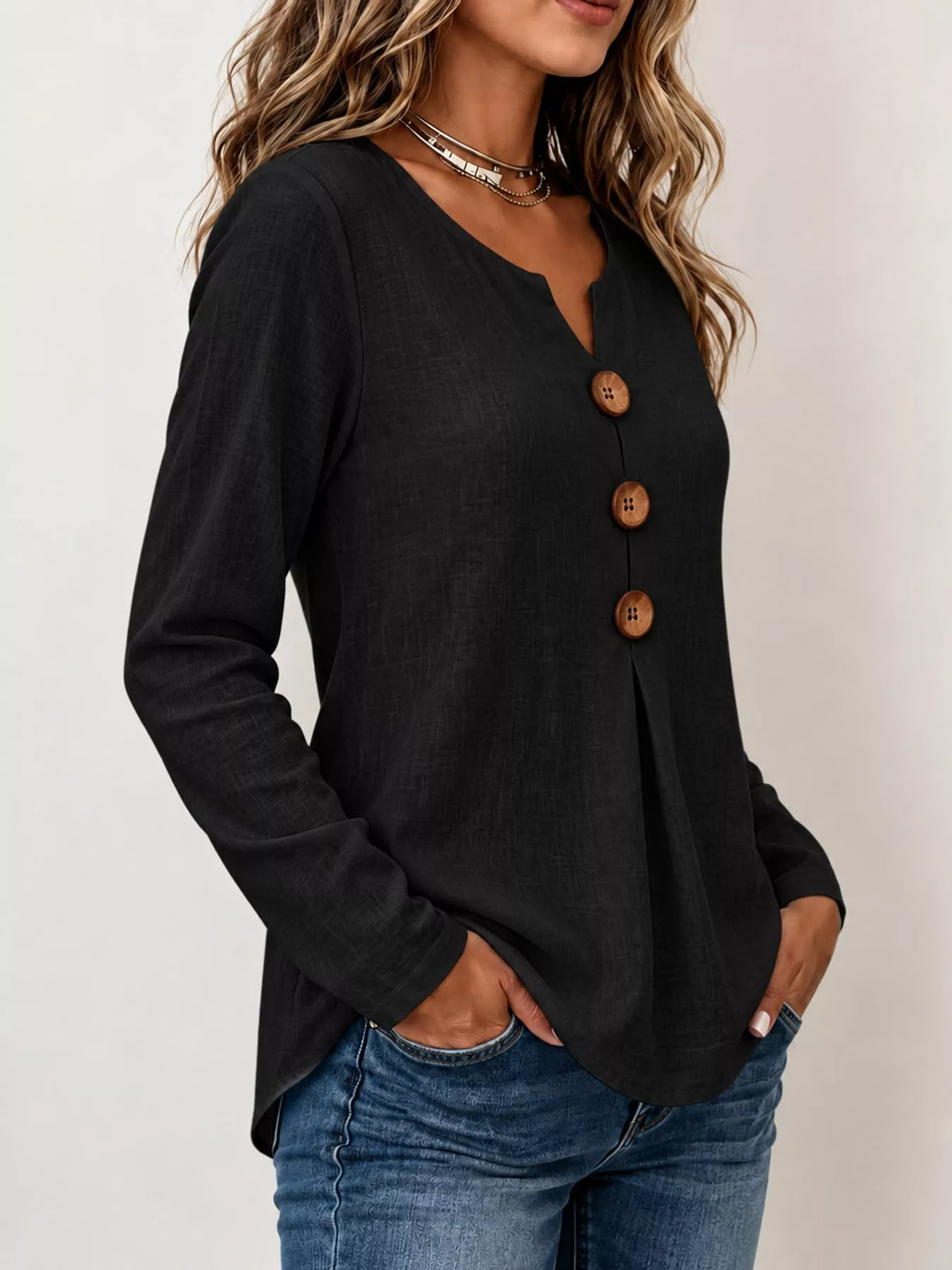 Black long sleeve decorative button blouse