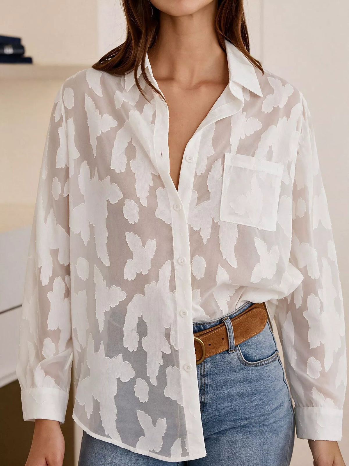 Trendsi Sheer Button-Down Shirt -