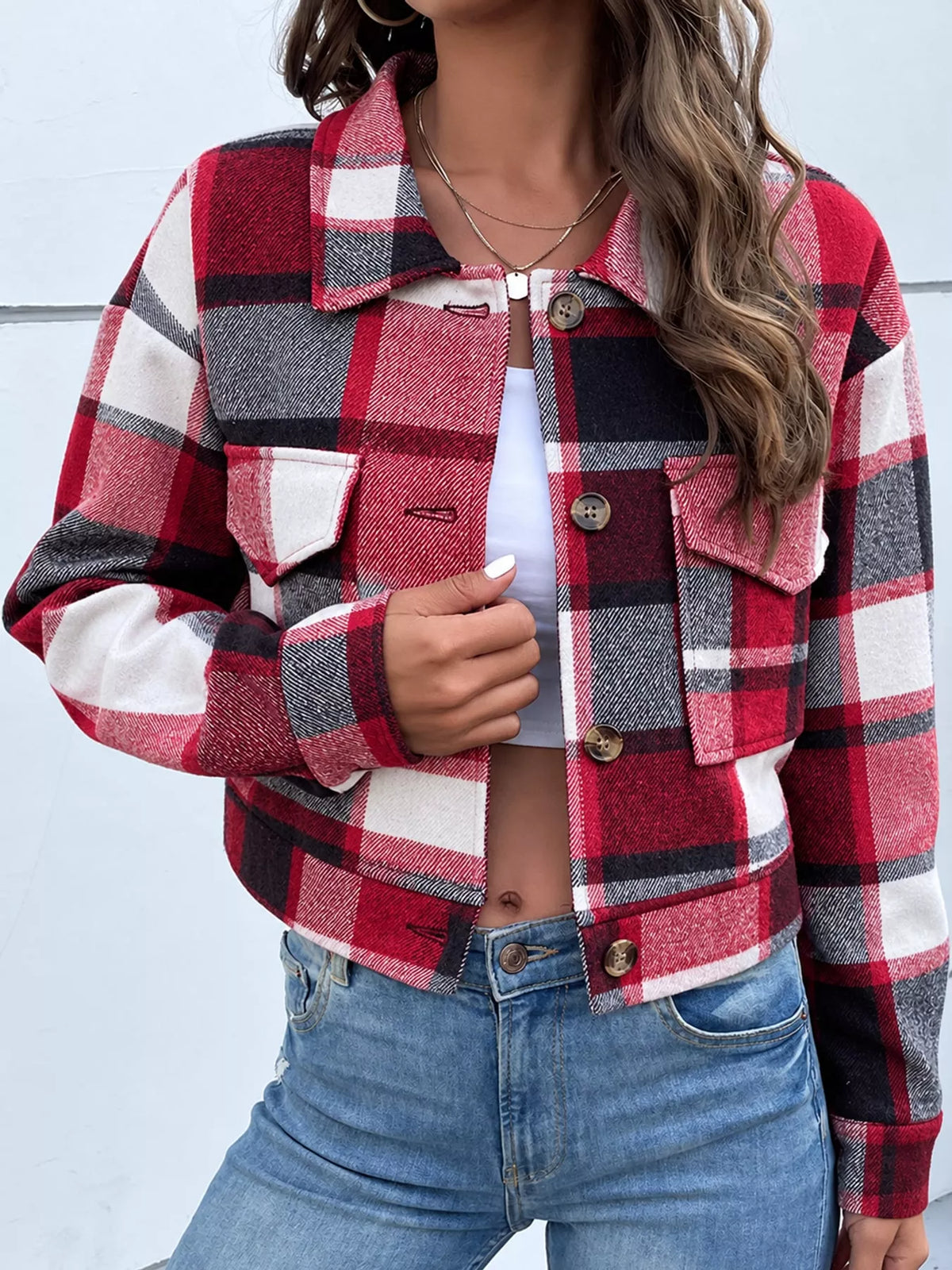 Plaid cropped jacket, red plaid angled front