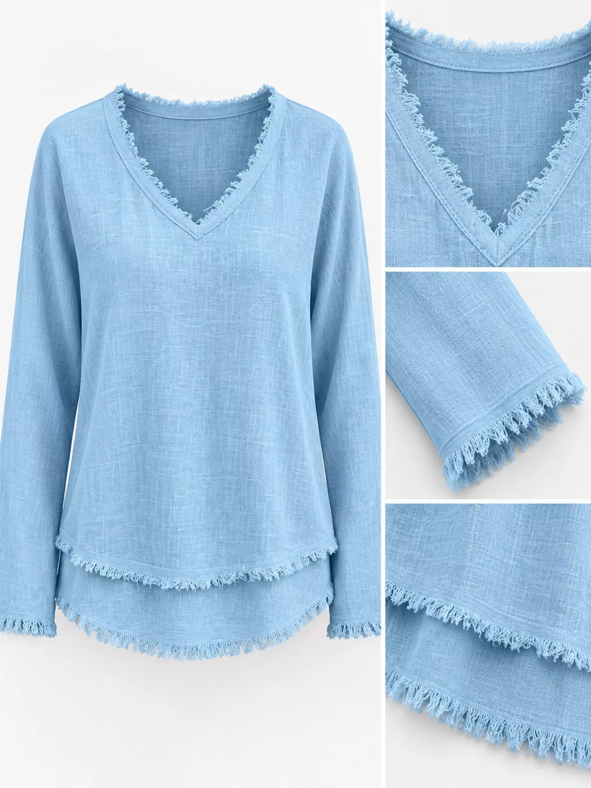 Frayed V-neck blouse, light blue detail