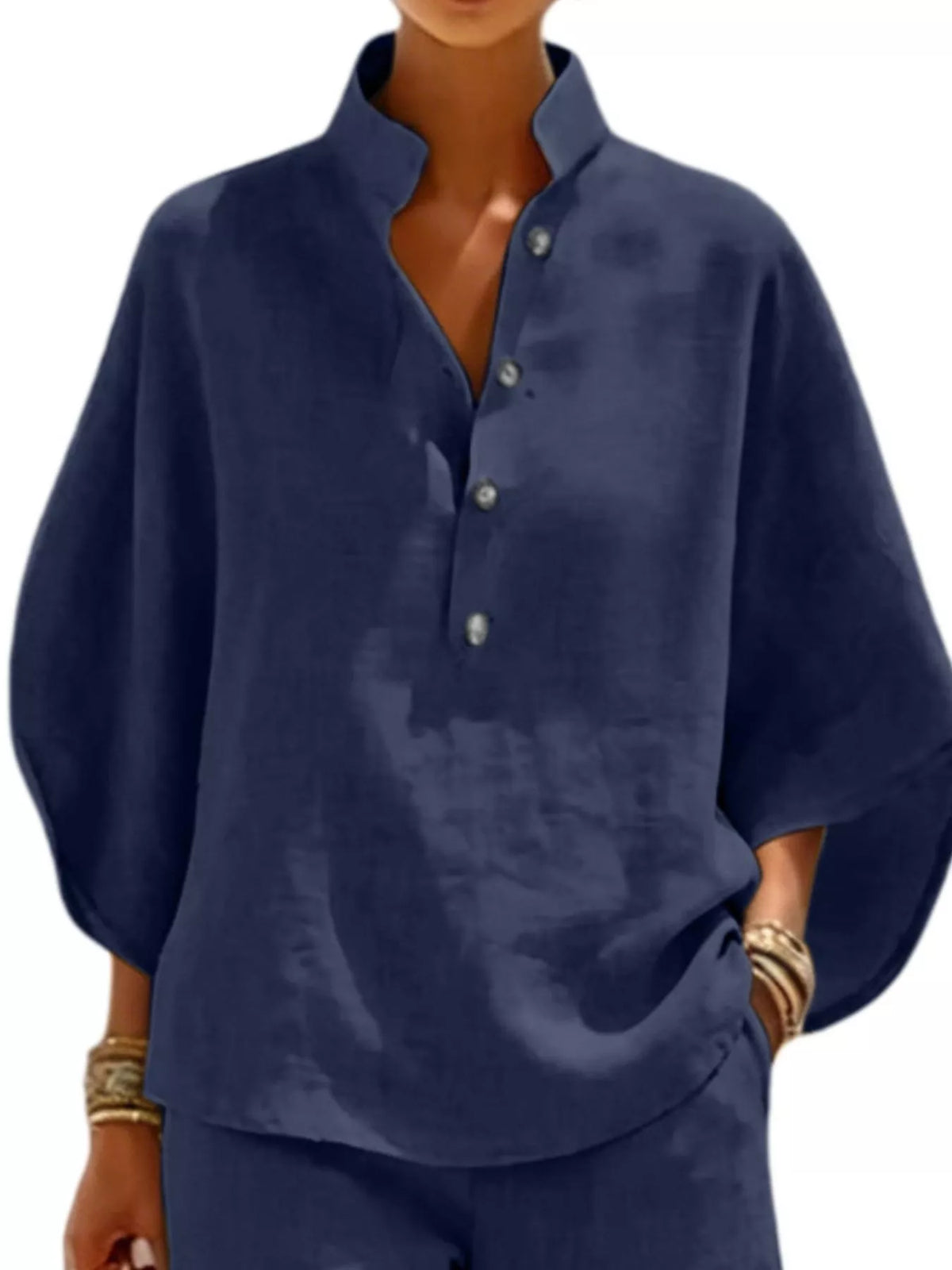 Button Detail Loose Fit Top and Shorts Set in navy, top detail