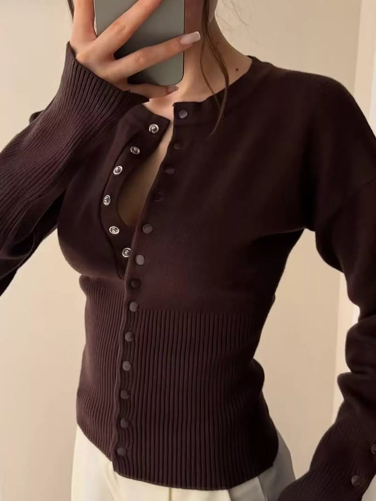 Coffee button up ribbed waist cardigan