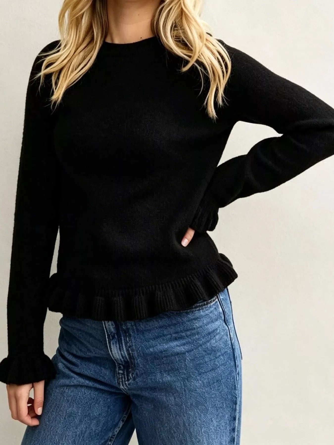 Trendsi Ruffle-Trimmed Crew Neck Sweater -