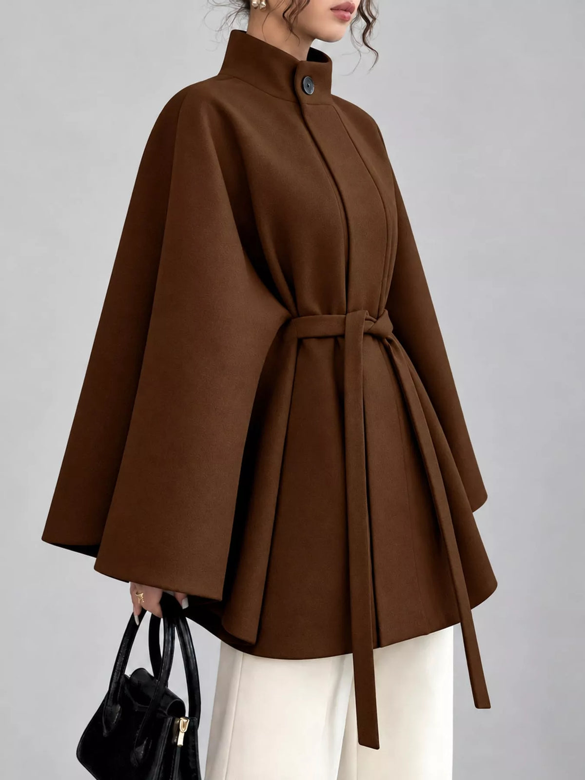 Brown tie-waist cape — side view