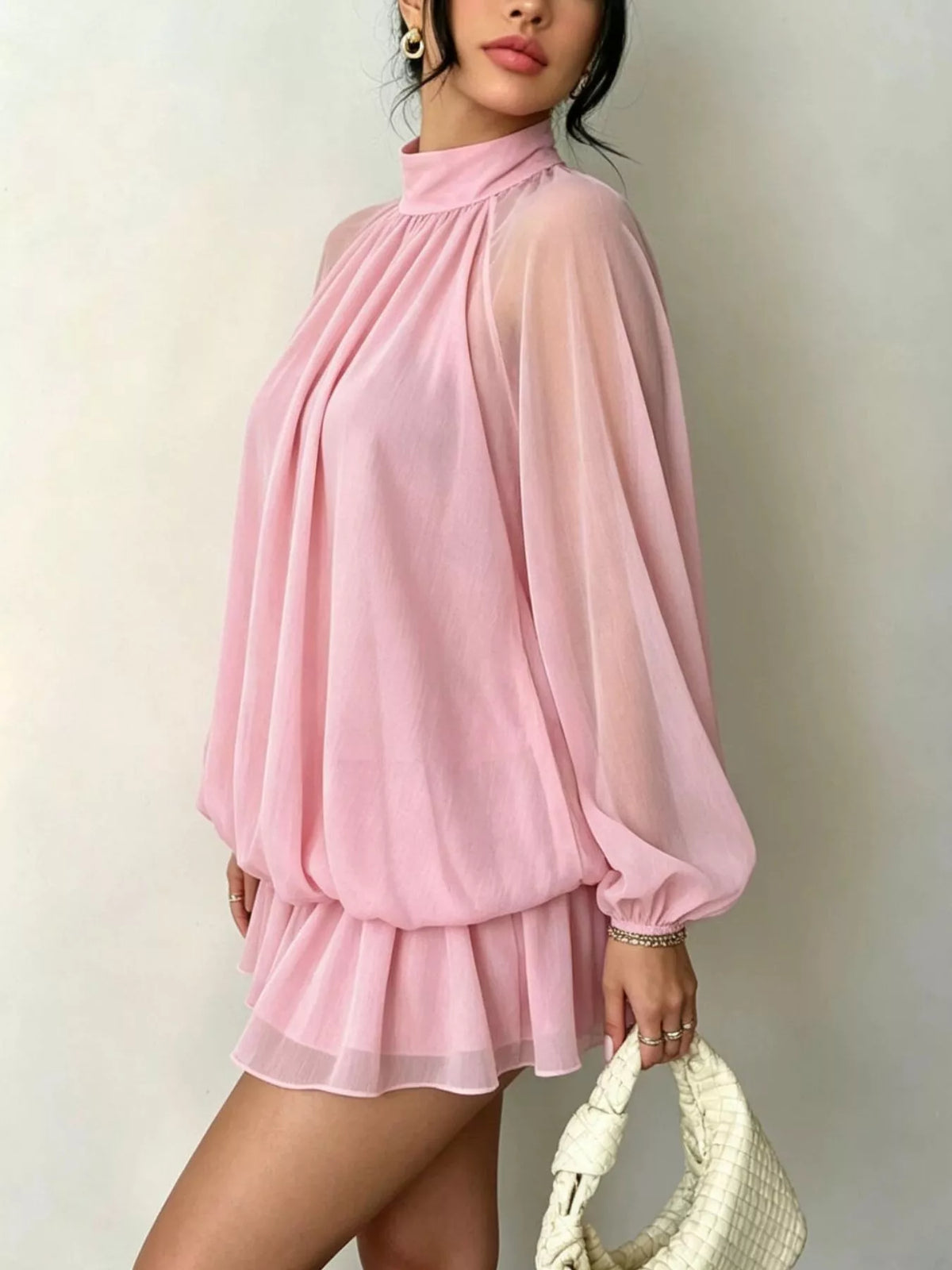 Pink mock neck sheer chiffon mini dress