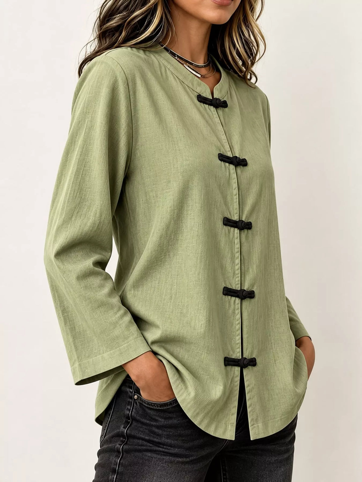 Chinese Style Mandarin Collar Blouse in light green, side view
