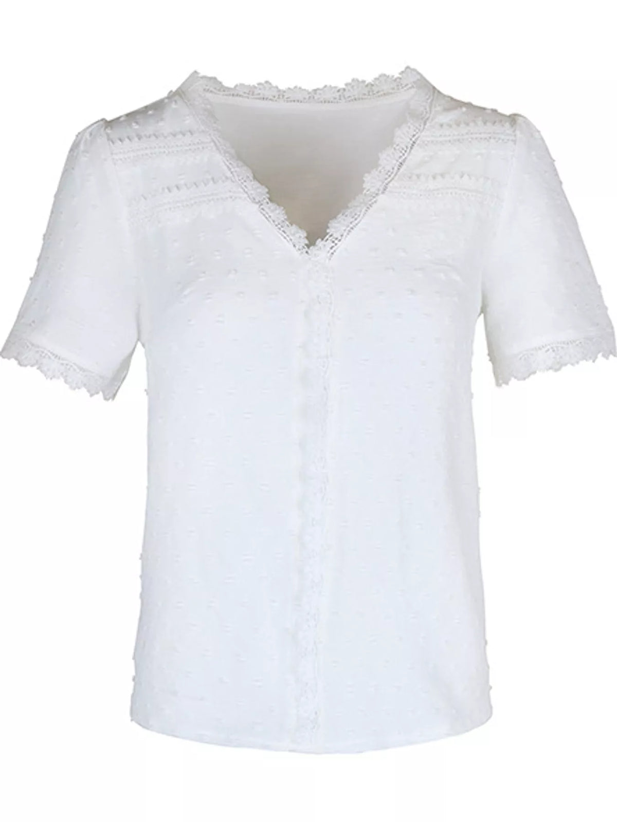 White swiss dot v-neck blouse with lace trim