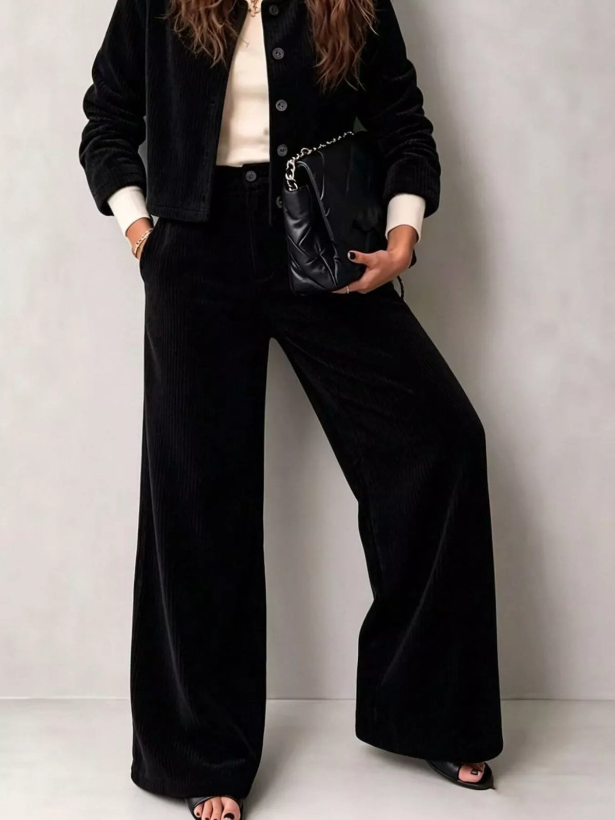 Women's Corduroy Button-Down Jacket and Wide-Leg Pants Two-Piece Set in black — pants detail view