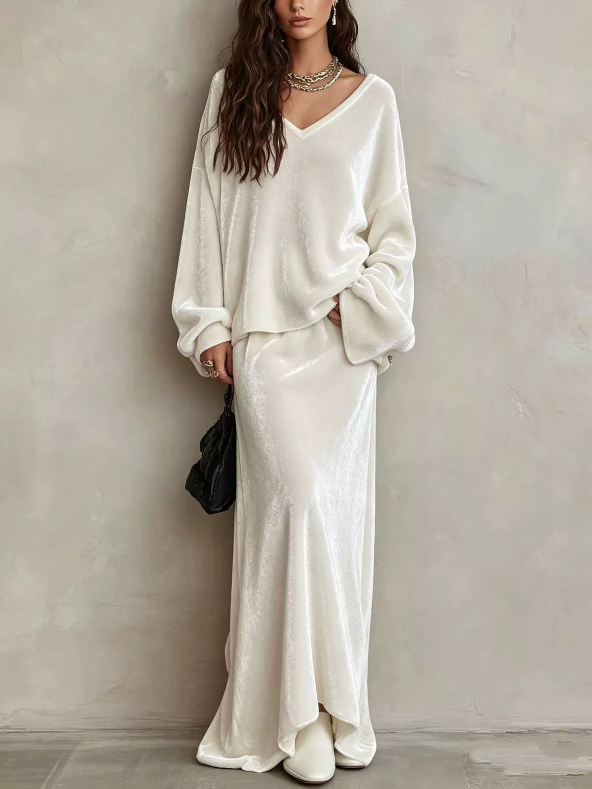 V-Neck Velvet Long Sleeve Top and Maxi Skirt Two-Piece Set in beige, front view