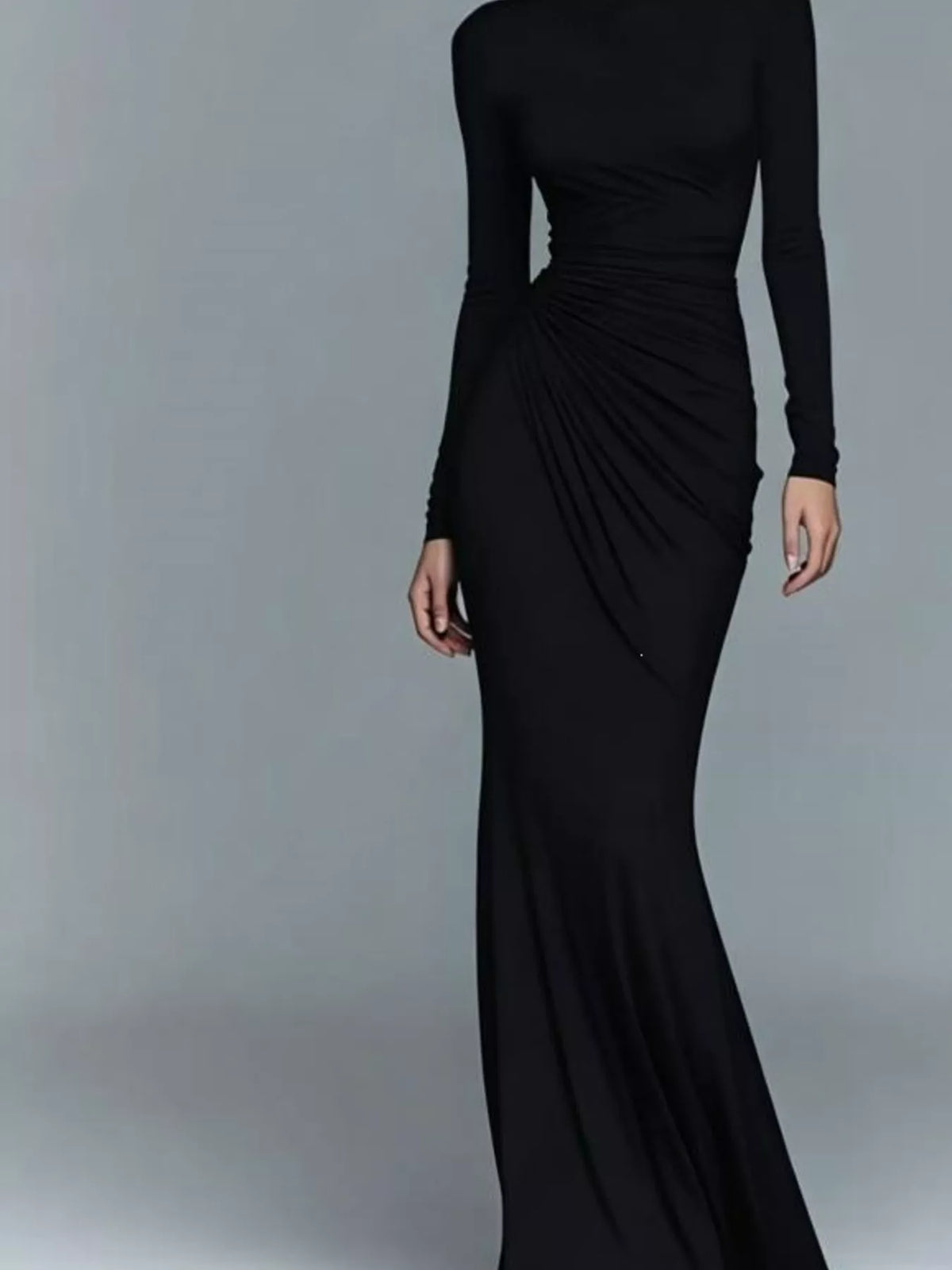 Black turtleneck ruched maxi dress, turtleneck, ruched waist, and draped skirt