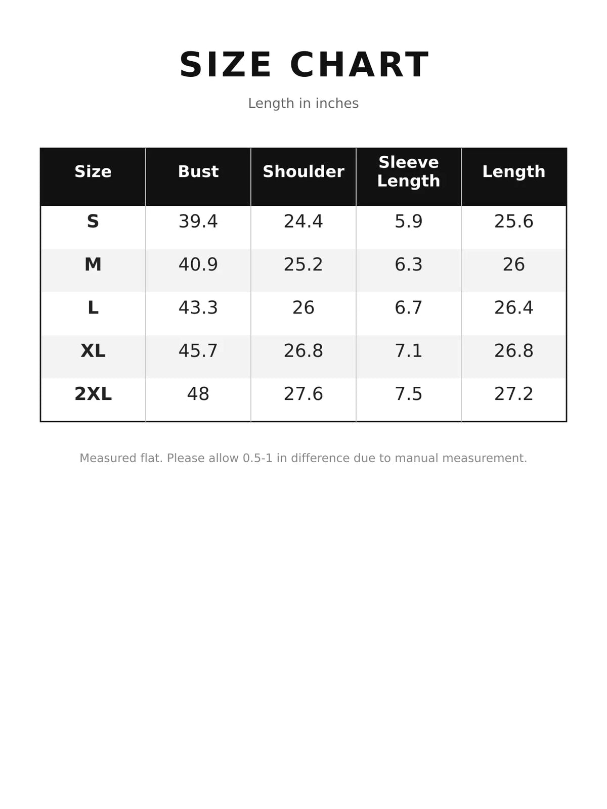 Size chart for half-sleeve blouse