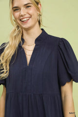 Trendsi Umgee Linen Tiered Babydoll Dress with Scalloped Sleeves -
