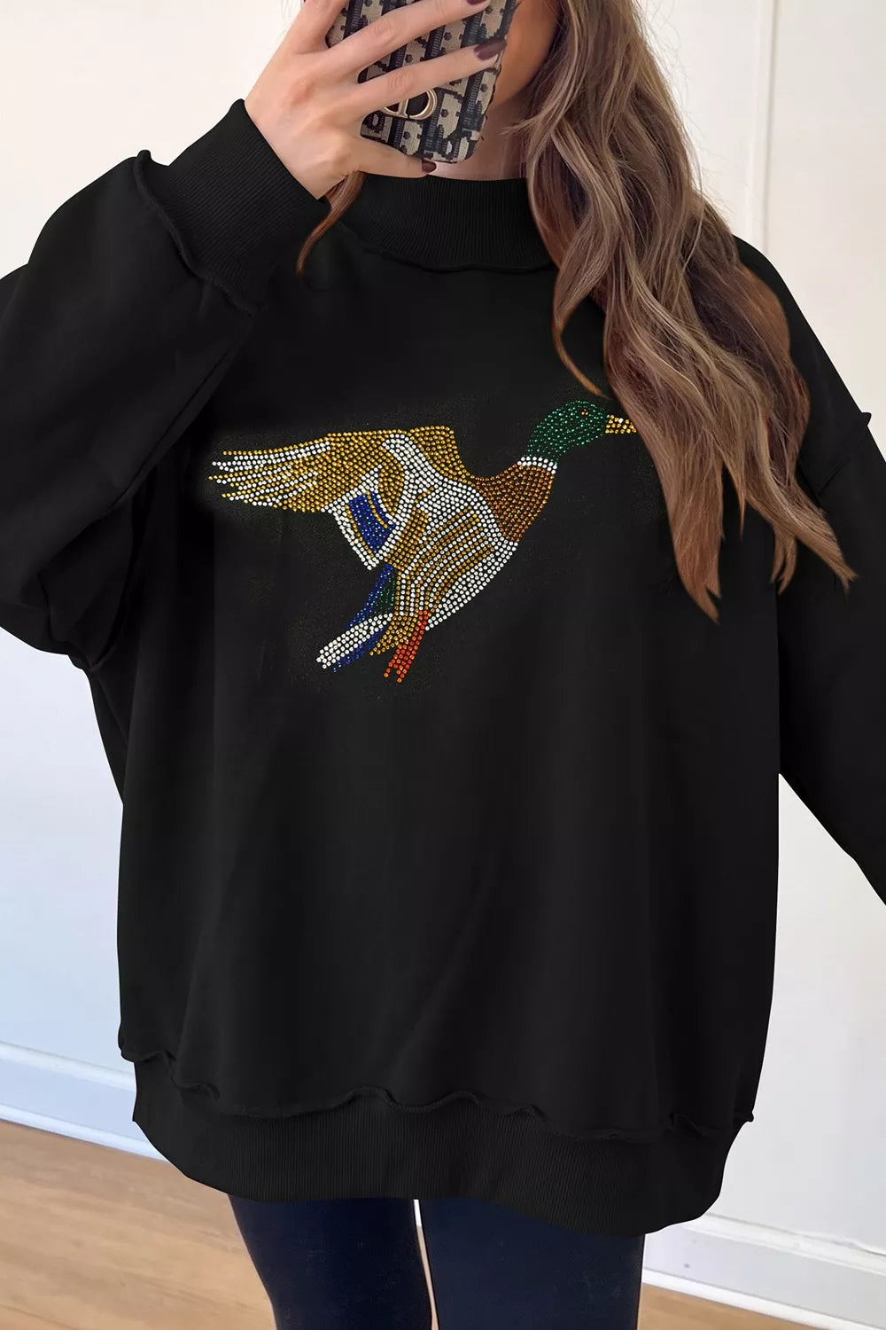 Rhinestone Flying Mallard Mock Neck Tunic Sweatshirt in black, front view